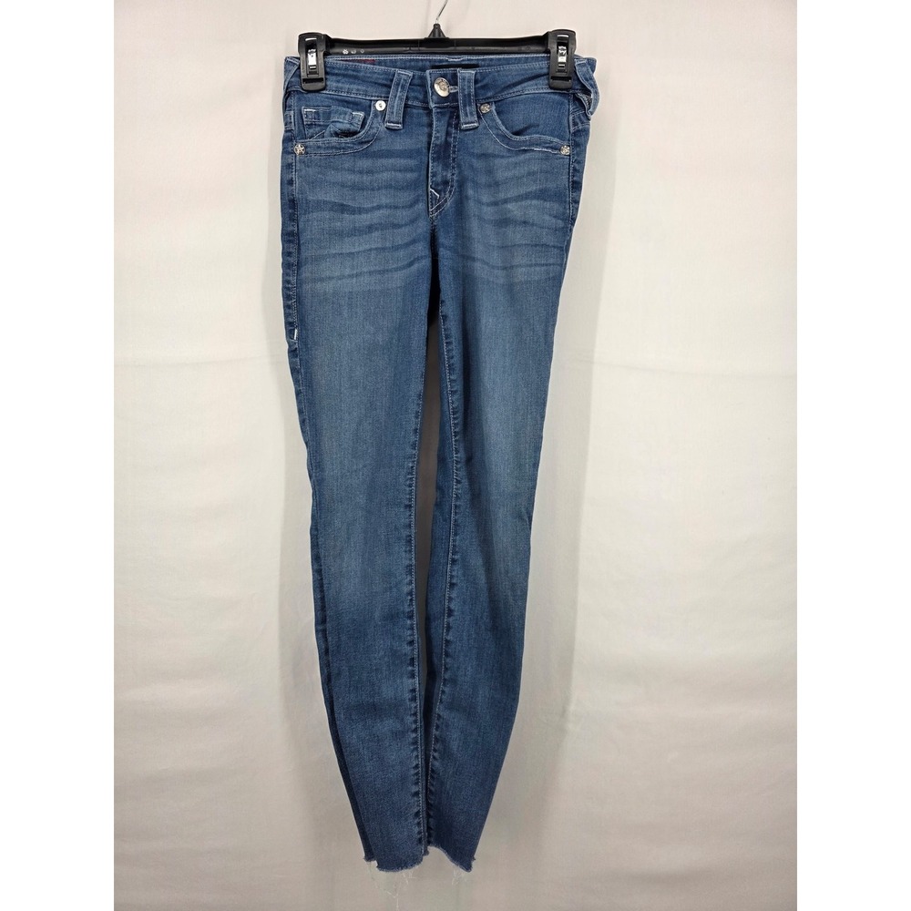 True Religion Jennie Mid Rise Super Skinny Jeans Blue Raw Hem Size 24